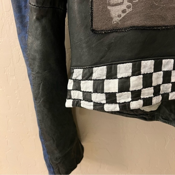 Doma Leather OOAK reworked moto Jacket, blu with animal print and back graphic S - Picture 11 of 17